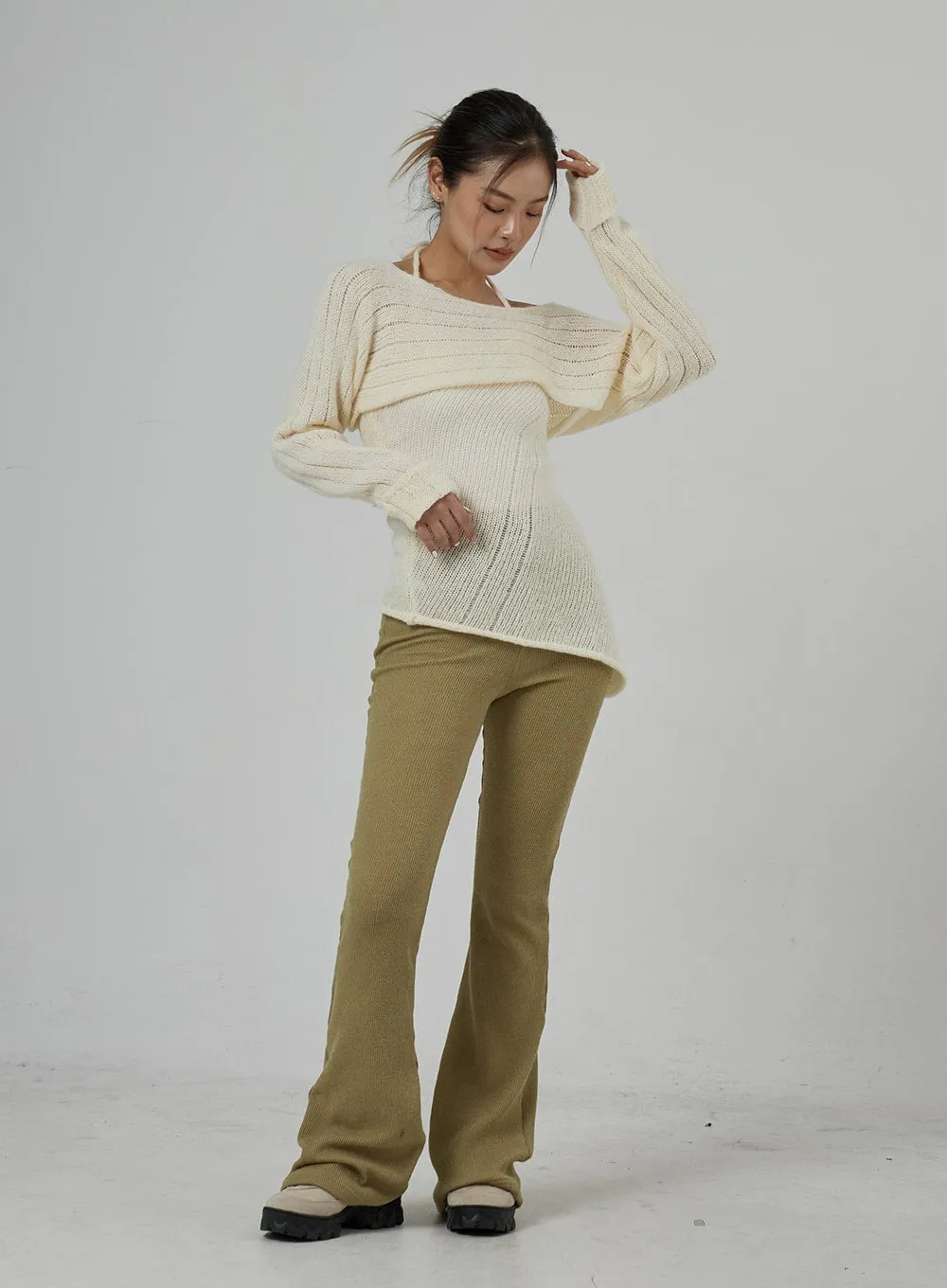 Neck Tie Knit Top And Off-Shoulder Boleto Set BD29