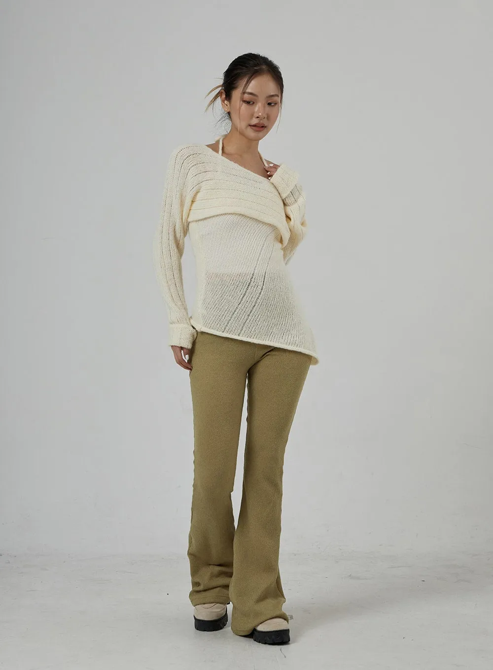 Neck Tie Knit Top And Off-Shoulder Boleto Set BD29