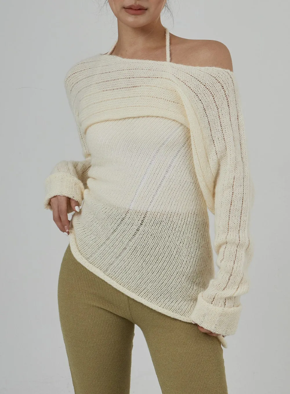Neck Tie Knit Top And Off-Shoulder Boleto Set BD29