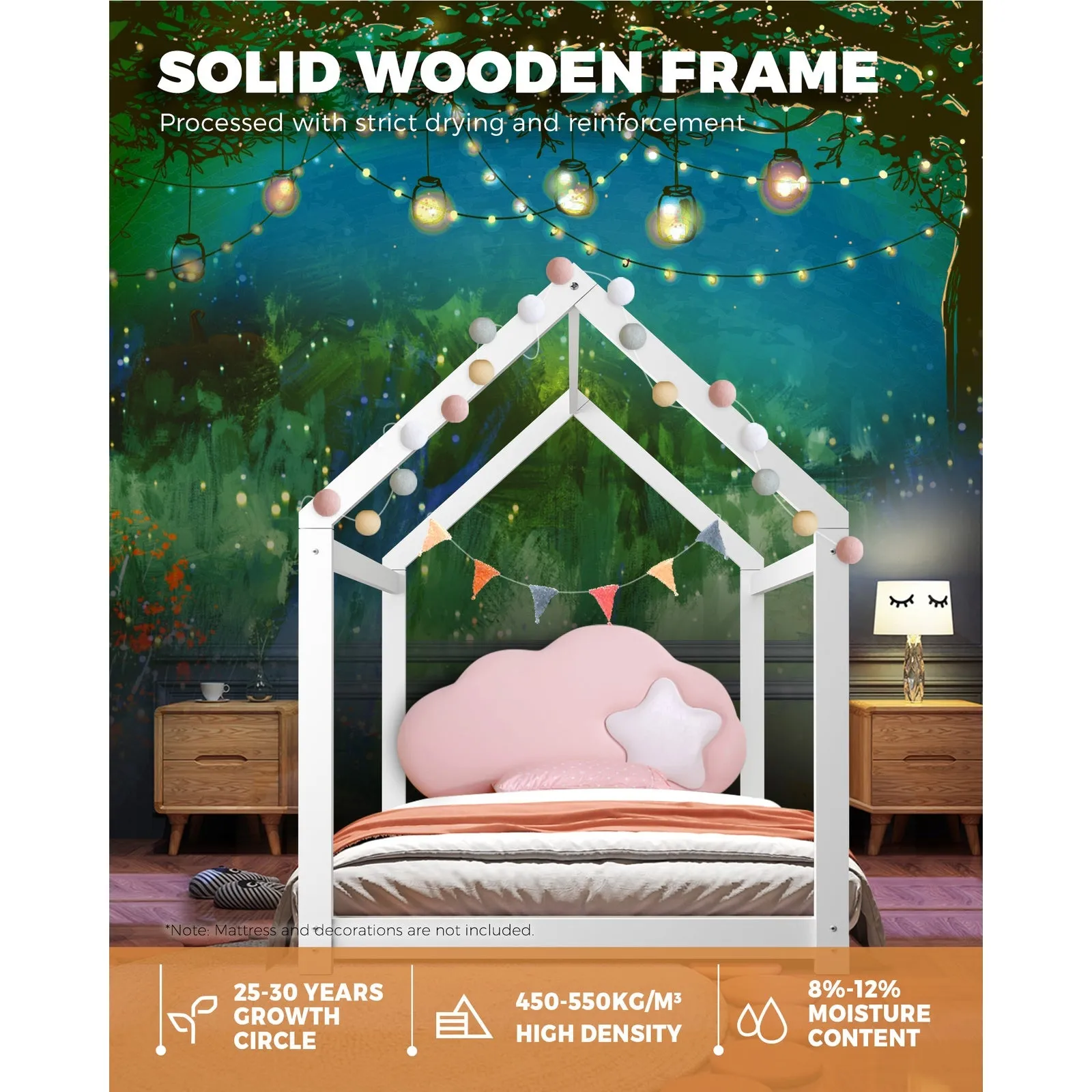 Oikiture Bed Frame Single Wooden Timber House Style Mattress Base Platform White