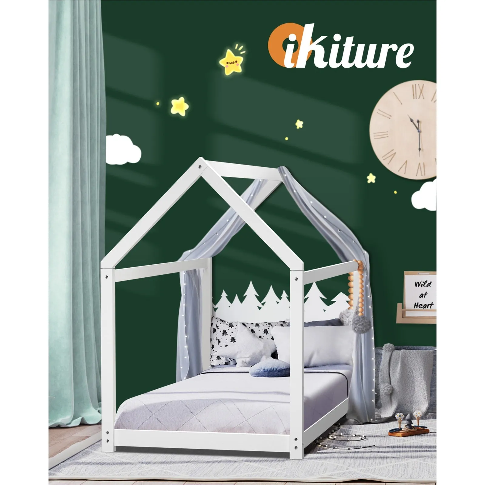 Oikiture Bed Frame Single Wooden Timber House Style Mattress Base Platform White