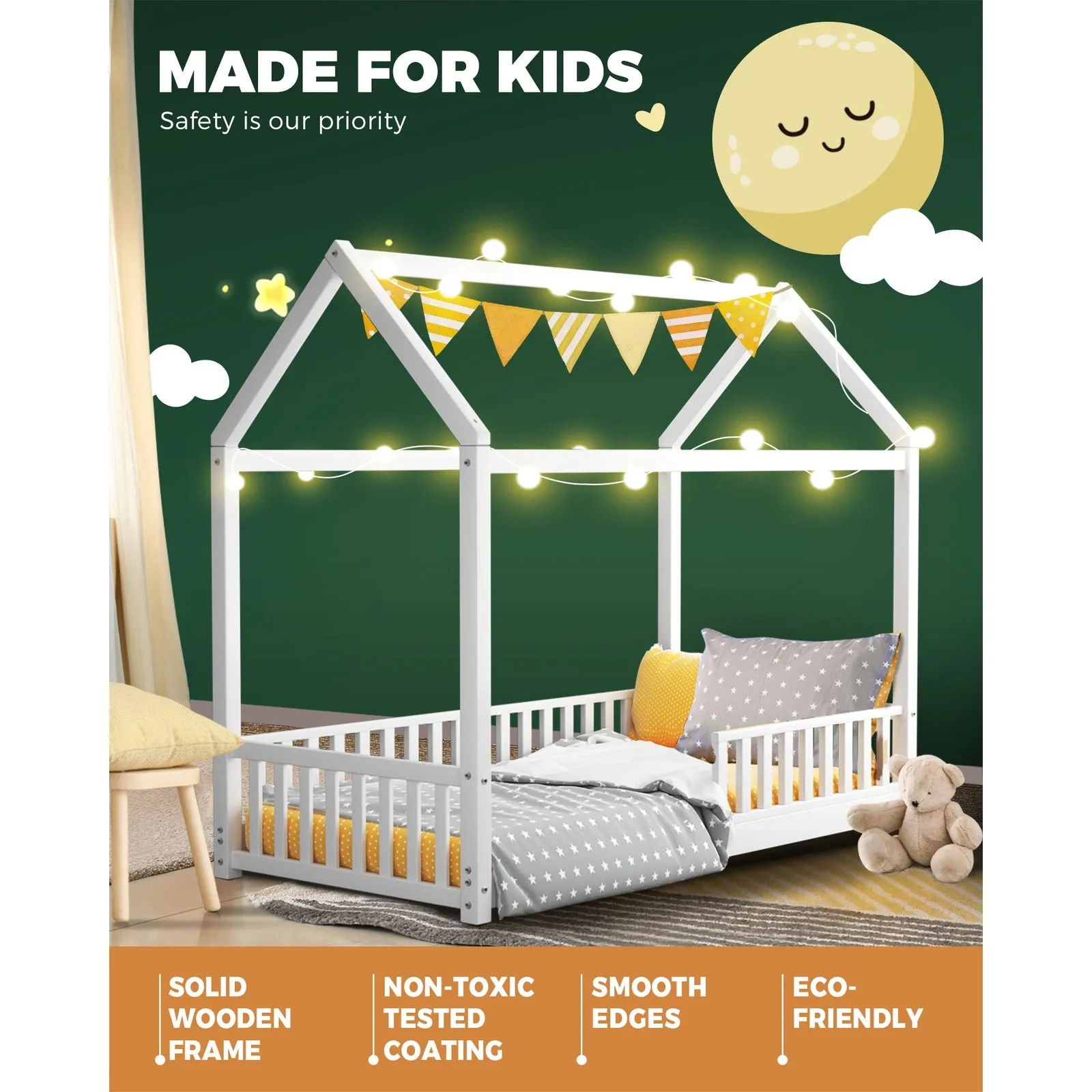 Oikiture Bed Frame Wooden Single Timber House Frame Mattress Base White