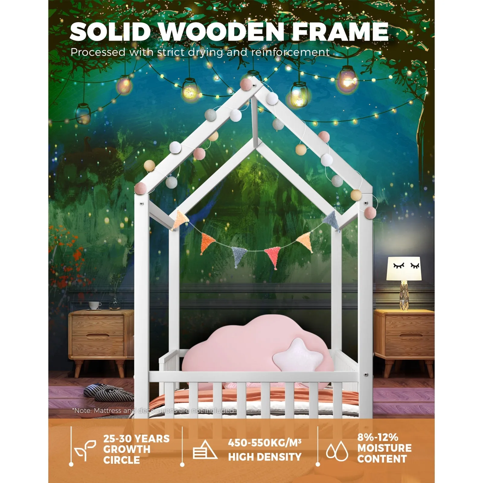 Oikiture Bed Frame Wooden Single Timber House Frame Mattress Base White