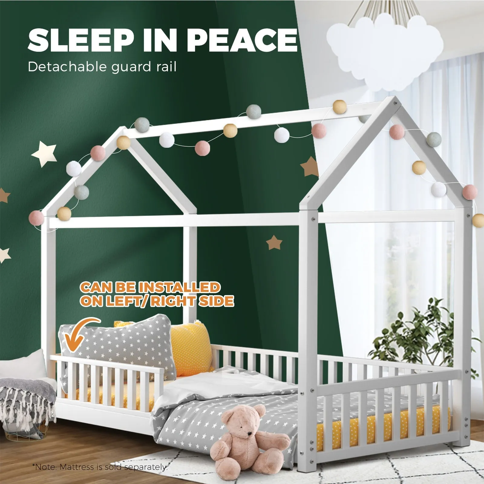 Oikiture Bed Frame Wooden Single Timber House Frame Mattress Base White