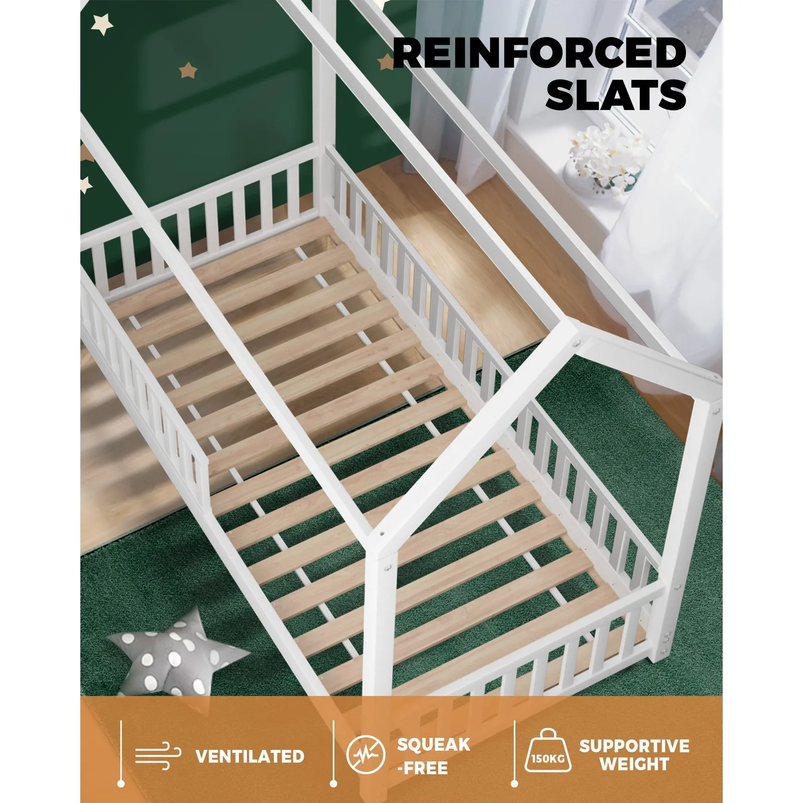 Oikiture Bed Frame Wooden Single Timber House Frame Mattress Base White