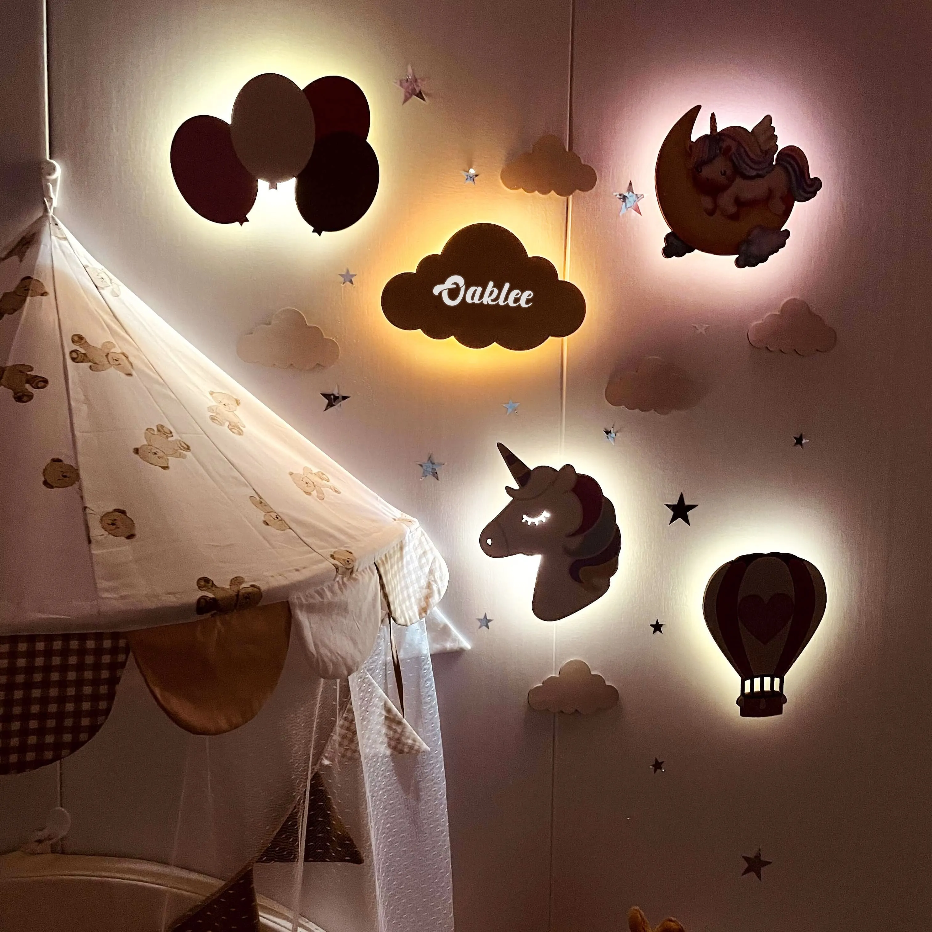 Personalized Wooden Baby Room Wall Night Light Set