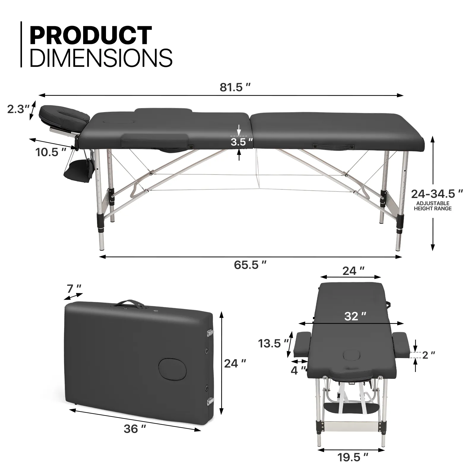 Portable Massage Table - Adjustable Height 24.5" to 33.5" - Aluminum Frame