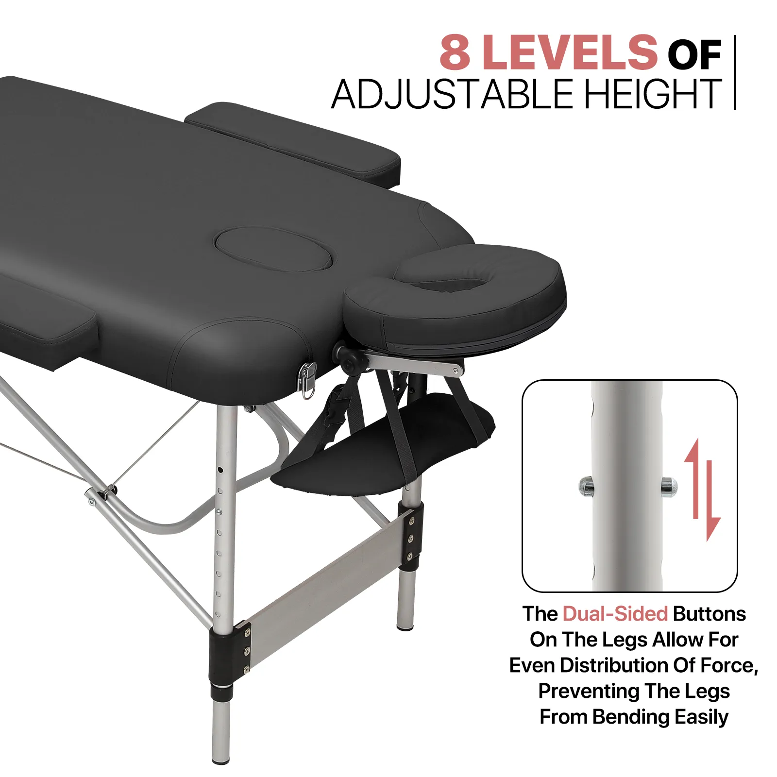 Portable Massage Table - Adjustable Height 24.5" to 33.5" - Tilt Back - Aluminum Frame
