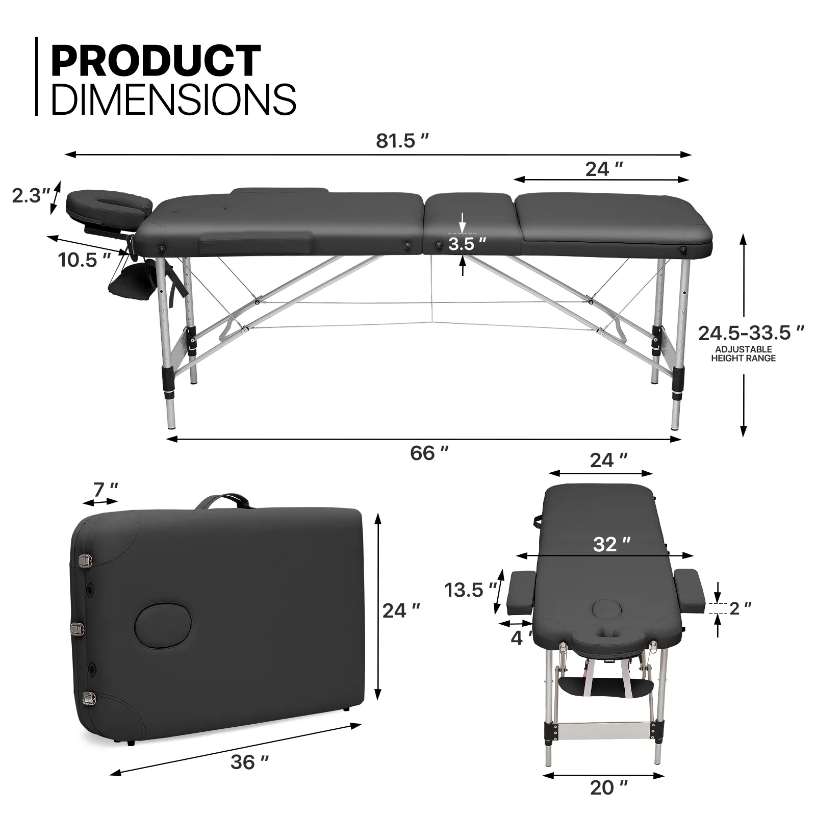 Portable Massage Table - Adjustable Height 24.5" to 33.5" - Tilt Back - Aluminum Frame