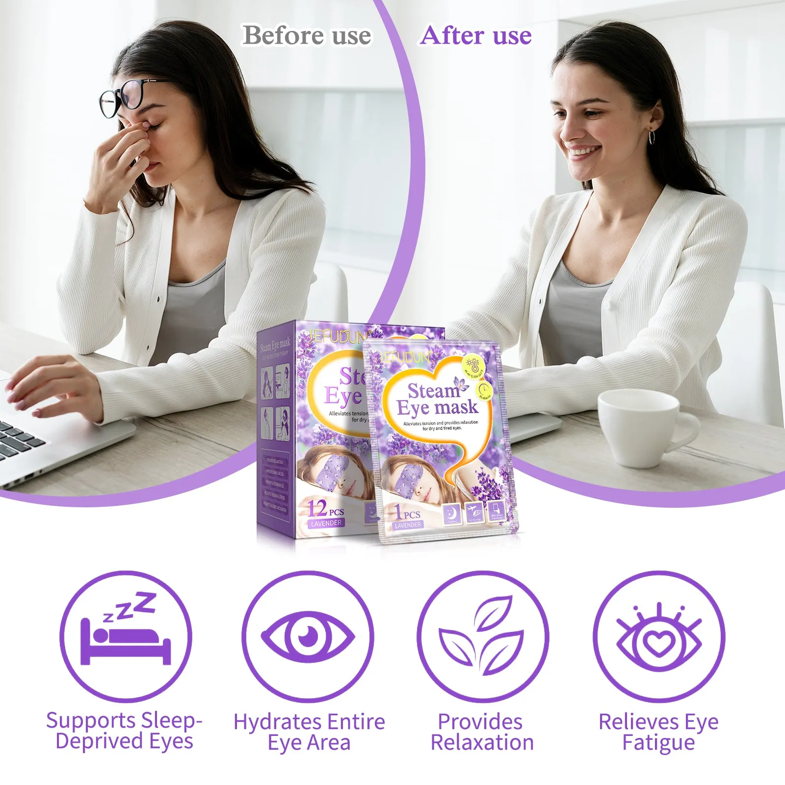 SEFUDUN Steam Eye Mask- Lavender Steam Eye Mask for dry and tired eyes,A Perfect Gift for Women Men Student and More(12 PCS)