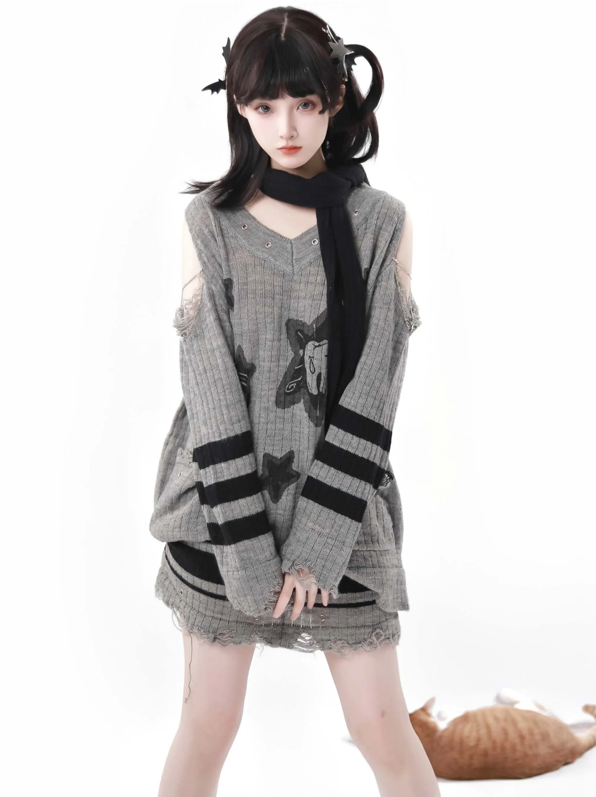 Skirt Off-the-shoulder   V-neck Lazy Knit