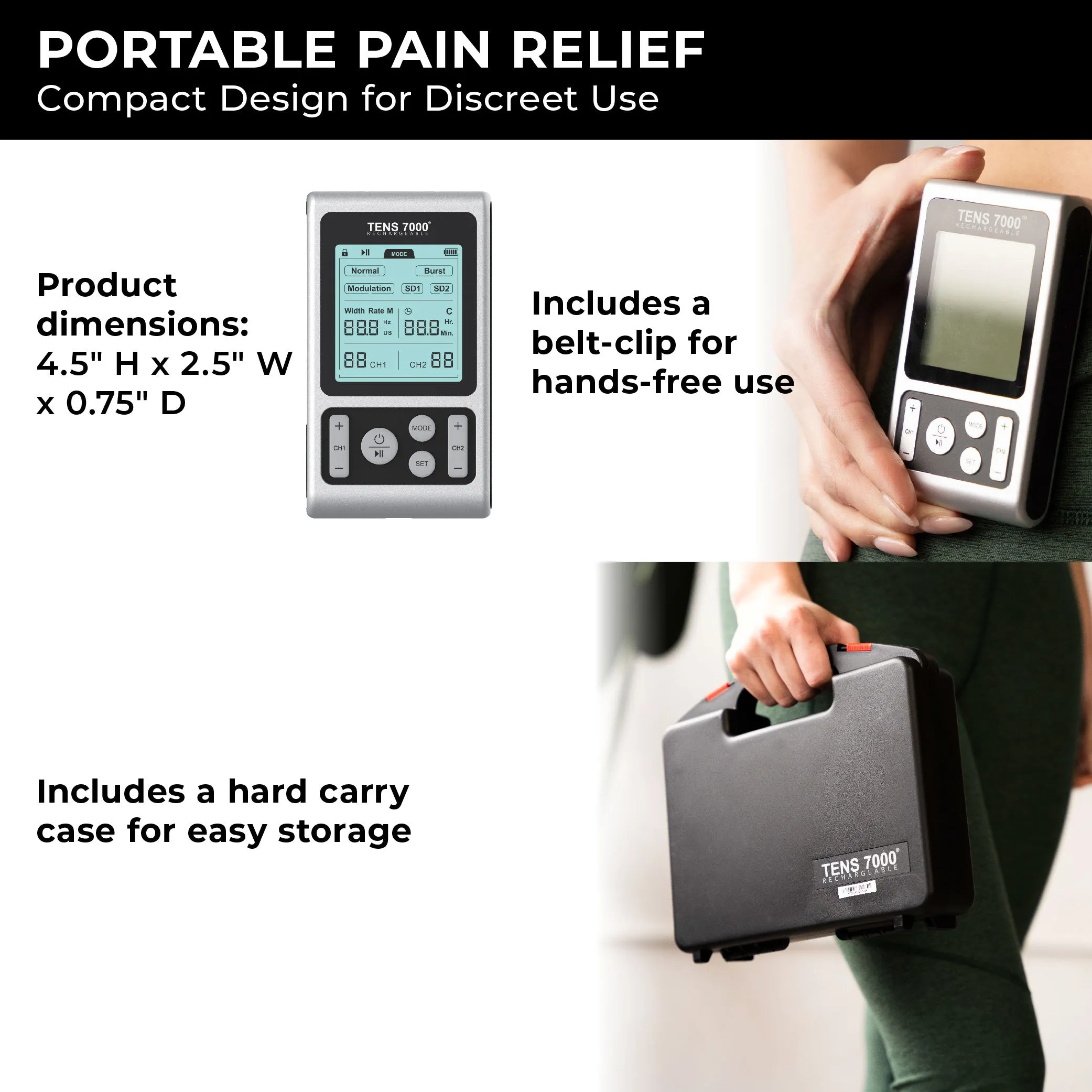 TENS 7000 Elite Rechargeable TENS Unit Muscle Stimulator and Pain Relief Machine