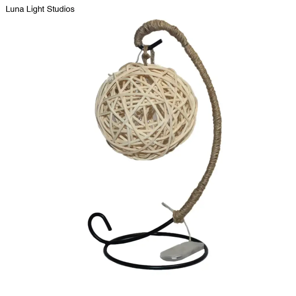 White LED Rattan Ball Night Light with Curved Arm for Kids (Battery-Powered)