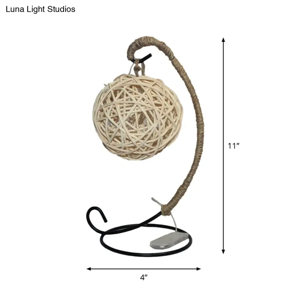 White LED Rattan Ball Night Light with Curved Arm for Kids (Battery-Powered)