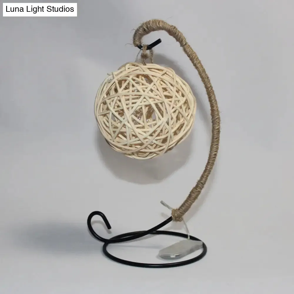 White LED Rattan Ball Night Light with Curved Arm for Kids (Battery-Powered)